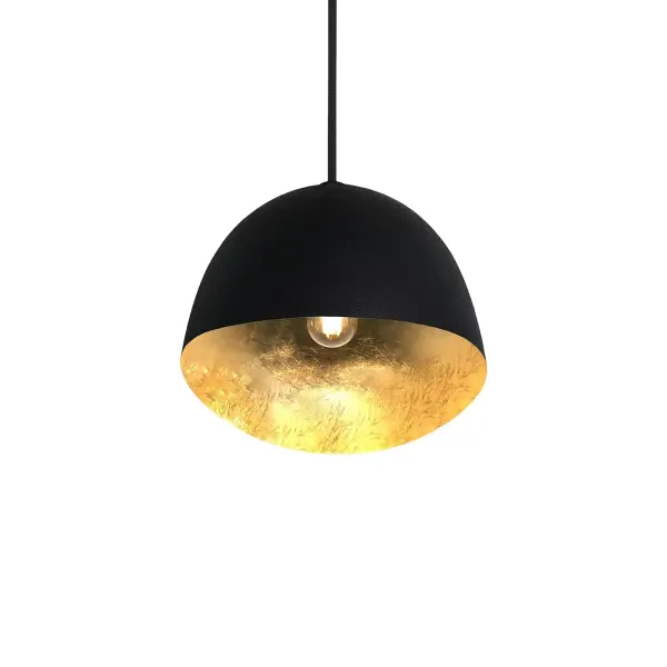 The Eclos pendant combines industrial-inspired steel construction with an elegant textured sand coal black finish and luxurious gold leaf interior. Its compact 15.75-inch diameter makes it perfect for intimate spaces while delivering dramatic visual impact. - alternate view
