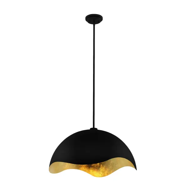 The Eclos pendant combines industrial-inspired design with sophisticated metalwork. Its textured sand coal black exterior contrasts beautifully with the gold leaf interior, creating warm ambient lighting with visual drama.