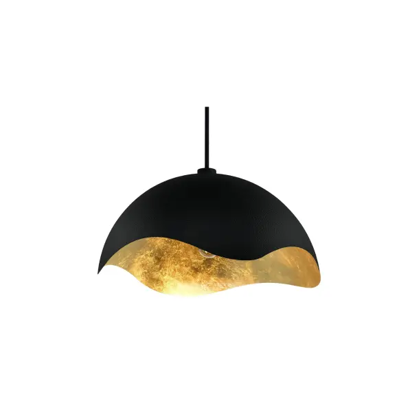The Eclos pendant combines industrial-inspired design with sophisticated metalwork. Its textured sand coal black exterior contrasts beautifully with the gold leaf interior, creating warm ambient lighting with visual drama. - alternate view