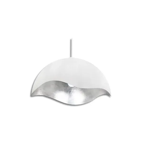 The Eclos pendant combines clean modern lines with sophisticated textured white finish and silver leaf interior. At nearly 24 inches wide, this statement piece provides focused illumination perfect for dining areas and kitchen islands. - alternate view