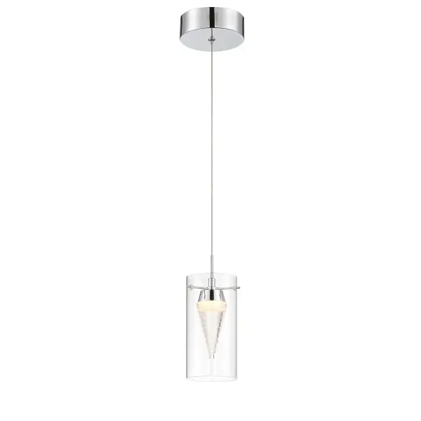 The Funnel Cloud mini pendant delivers modern sophistication with its chrome finish and mixed-material construction. At just 4 inches wide, it's ideal for tight spaces needing focused LED illumination with excellent color rendering. - alternate view