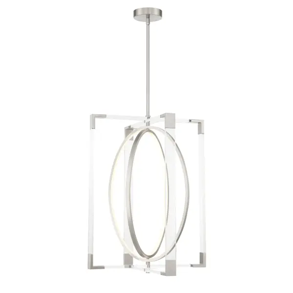 The Double Take pendant delivers over 5,000 lumens of high-CRI LED light through a clean acrylic design. Its substantial 24-inch square profile makes a bold statement while the brushed nickel finish adds refined elegance.