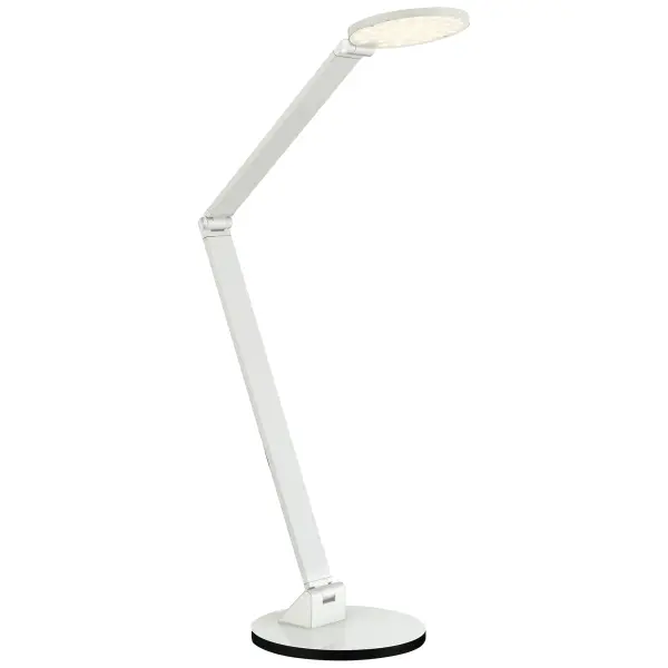 This portable task lamp combines functional LED lighting with transitional styling. The white finish and metal shade with acrylic diffuser provide focused task lighting while maintaining a clean aesthetic suitable for various settings.