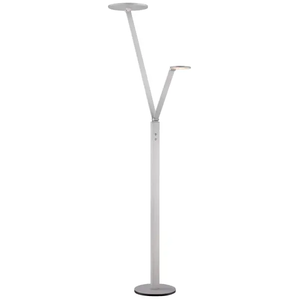 This 71-inch tall LED floor lamp combines functional task lighting with transitional style. The chiseled nickel finish and metal shade with white acrylic diffuser deliver 2135 lumens of dimmable, energy-efficient light perfect for reading, working, or ambient illumination.