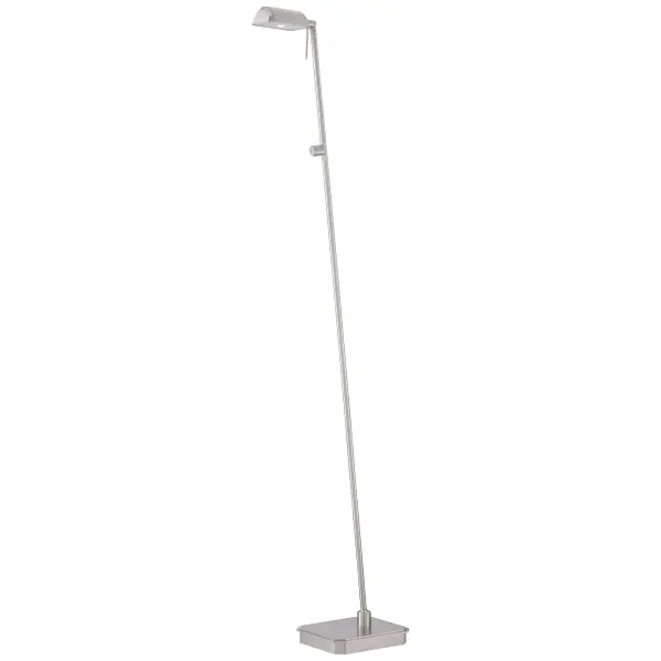 This contemporary floor lamp delivers focused LED illumination perfect for reading and task work. The brushed nickel finish and compact footprint make it ideal for tight spaces while the integrated LED provides energy-efficient, dimmable light.