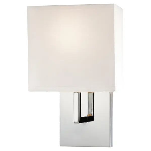 This compact wall sconce combines polished chrome with a white fabric shade for a clean, transitional look. ADA-compliant design makes it ideal for bathrooms and hallways where accessibility matters.