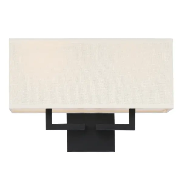 This contemporary wall sconce combines a bold coal black finish with a soft off-white linen shade, creating sophisticated ambient lighting. The 16-inch width provides substantial presence while the fabric shade diffuses light beautifully. - alternate view