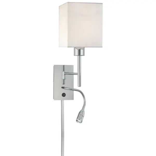 The George's Reading Room Wall Lamp combines functional task lighting with transitional style. Features integrated LED plus a traditional bulb socket, chrome finish, and white fabric shade for versatile bedroom or office use.