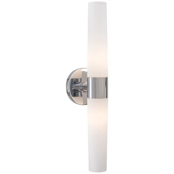The Saber 2-Light Bath offers a sleek transitional design with polished chrome finish and etched opal glass shades. At 20 inches wide, it's ideal for smaller vanities and powder rooms, providing even illumination with dimmable functionality.