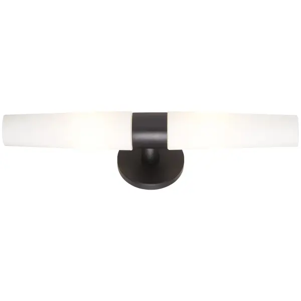 The Saber 2-Light Bath fixture delivers contemporary style with its sleek coal black finish and glass shades. At 20.25 inches wide, it's perfectly sized for standard bathroom vanities, providing balanced illumination.