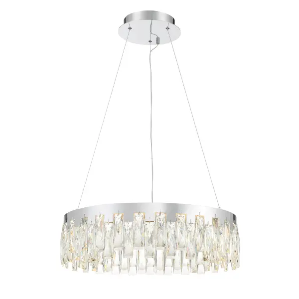 The Curio LED Pendant combines contemporary elegance with exceptional lighting performance. Its 23-inch linear design features sparkling crystal elements in a polished chrome frame, delivering 2,784 lumens with superior 92 CRI for true color rendering.