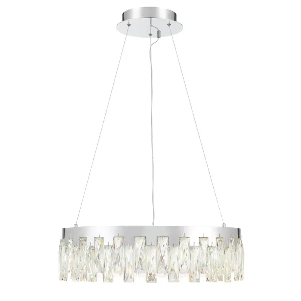 The Curio LED Pendant combines contemporary elegance with exceptional lighting performance. Its 23-inch linear design features sparkling crystal elements in a polished chrome frame, delivering 2,784 lumens with superior 92 CRI for true color rendering. - alternate view