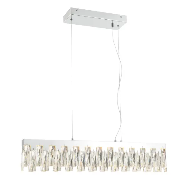 The Curio LED Island Light combines contemporary chrome styling with sparkling crystal elements for a sophisticated look. At 32 inches wide, it's perfectly sized for kitchen islands and dining tables, delivering 2054 lumens of high-CRI light.