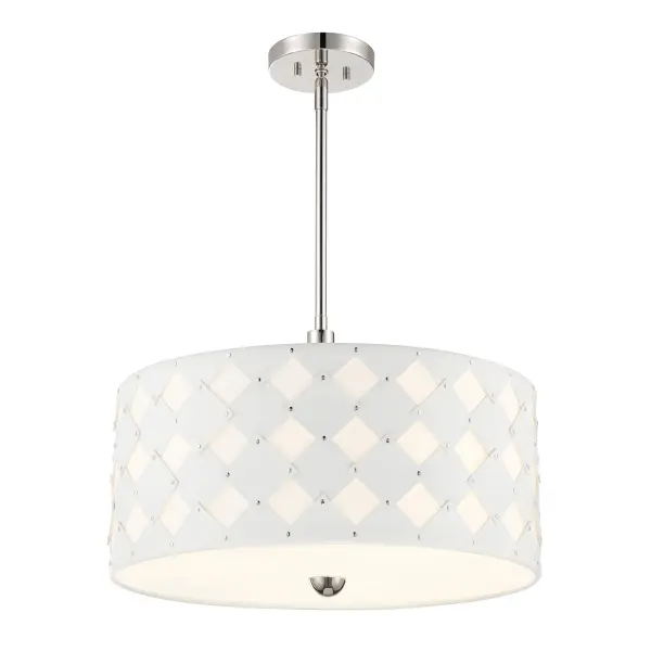 The Patchwork pendant combines contemporary elegance with artisanal craftsmanship. Its 22-inch drum shade features a distinctive mix of white fabric and faux leather accents, complemented by polished nickel hardware for a refined, modern aesthetic.