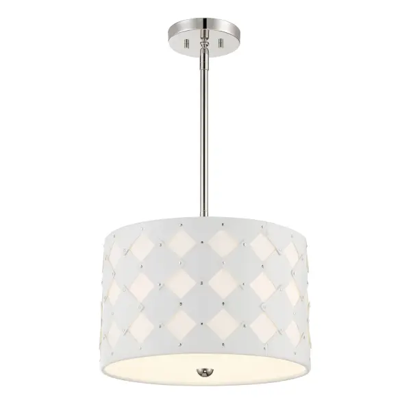 The Patchwork pendant combines white fabric with faux leather accents in a polished nickel frame, creating a refined contemporary look. At 16 inches wide, it provides substantial presence while maintaining versatility across residential and hospitality settings.