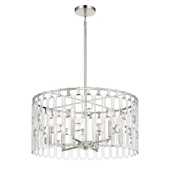 The Charming pendant combines polished nickel finish with glass shades for a sophisticated look. Its 24-inch width makes it perfect for medium-sized dining areas and kitchen islands. Dimmable functionality offers versatile lighting control.