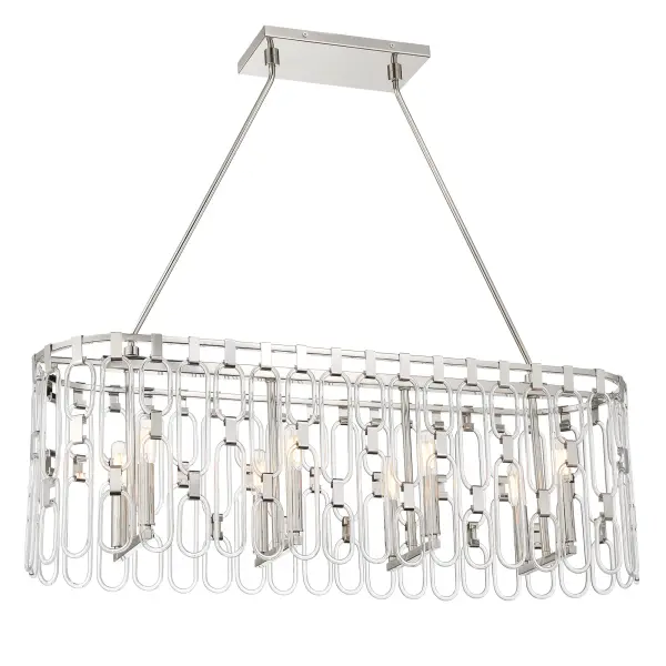 The Charming collection brings sophisticated style with its polished nickel finish and 8-light configuration. At 36 inches wide, this linear chandelier provides excellent illumination for kitchen islands and dining tables.