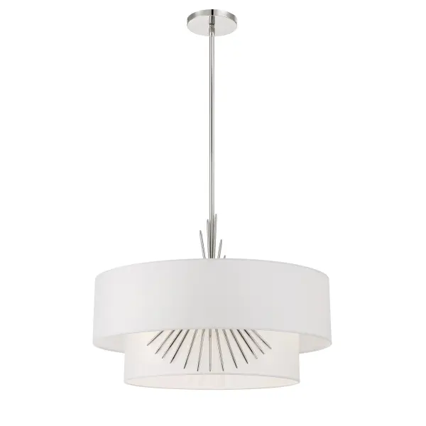 The Gramercy pendant by renowned designer Robin Baron combines sophisticated simplicity with refined materials. Its polished nickel frame and white silk shade create a soft, diffused glow perfect for intimate dining or bedroom settings.
