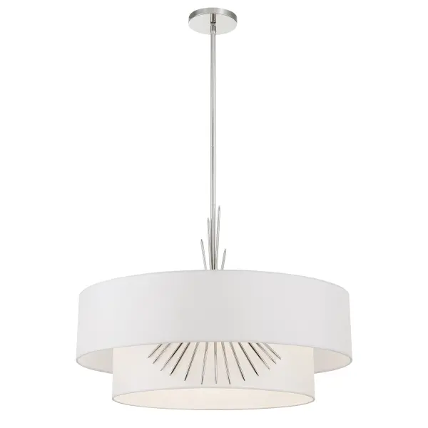 The Gramercy pendant by Robin Baron combines polished nickel hardware with a luxurious white silk shade, creating a refined focal point. Its 26-inch width and 4-light configuration deliver substantial illumination with designer appeal.