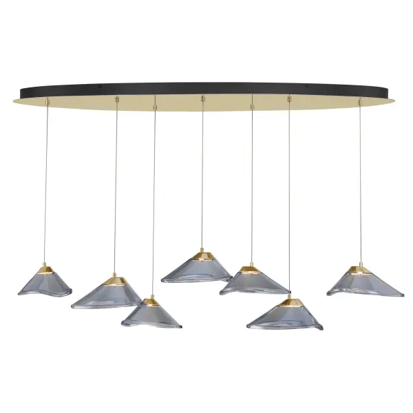 The Sneer 7-Light LED Linear Pendant makes a bold architectural statement with its impressive 55-inch span and striking coal-and-gold finish combination. High-output integrated LEDs deliver exceptional brightness with superior color rendering. - alternate view