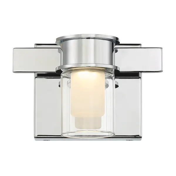The Herald Square LED bath light combines contemporary chrome styling with integrated LED technology. Its compact 7-inch width and clear glass shade deliver focused task lighting ideal for modern bathrooms. - alternate view
