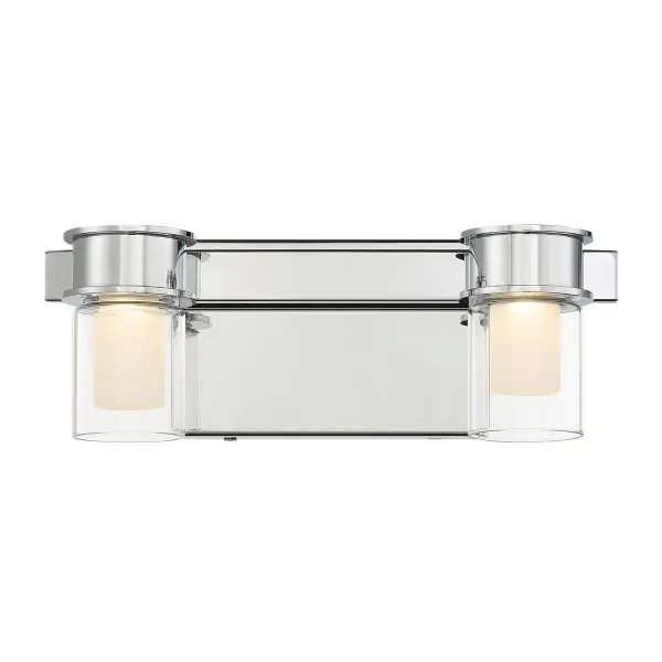 The Herald Square 2-Light LED Bath combines contemporary chrome styling with integrated LED technology for bright, efficient bathroom lighting. Clear glass shades and a compact 13-inch width make it ideal for modern vanities. - alternate view