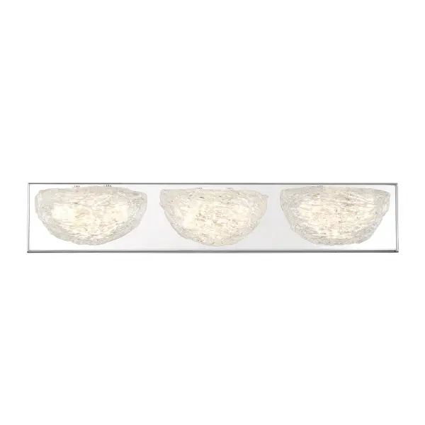 The Modern Ice 3-Light LED Bath combines contemporary chrome styling with handcrafted clear glass shades. Energy-efficient integrated LEDs deliver 2,657 lumens with excellent color rendering, while ADA compliance ensures accessibility. - alternate view
