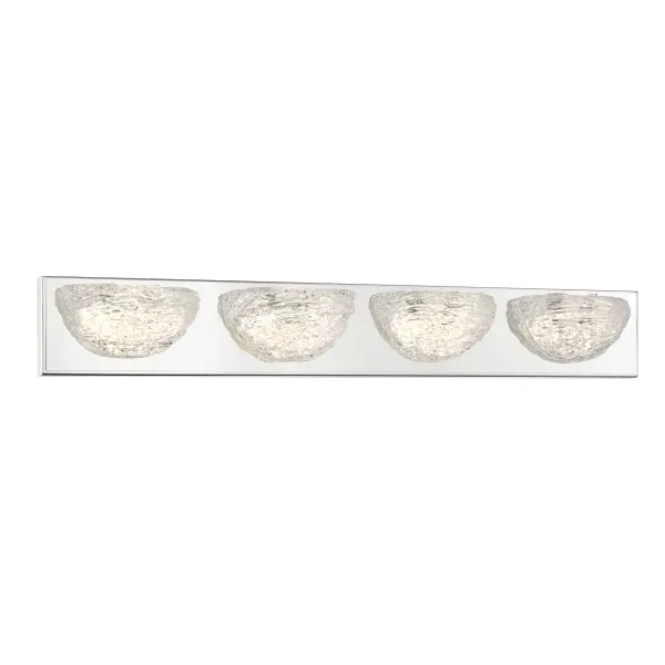 The Modern Ice 4-Light LED Bath combines contemporary chrome styling with handcrafted clear glass shades. Energy-efficient integrated LEDs deliver 3,450 lumens with exceptional 93 CRI color rendering. ADA compliant design spans 31.75 inches, ideal for double vanities.
