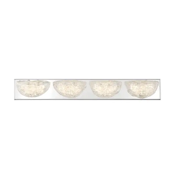 The Modern Ice 4-Light LED Bath combines contemporary chrome styling with handcrafted clear glass shades. Energy-efficient integrated LEDs deliver 3,450 lumens with exceptional 93 CRI color rendering. ADA compliant design spans 31.75 inches, ideal for double vanities. - alternate view