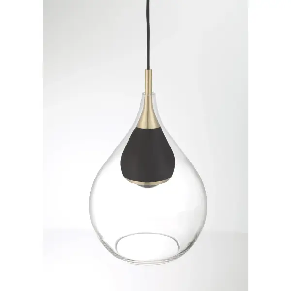 The Arabesque mini pendant combines sophisticated coal and brushed gold finishes with clear glass for a contemporary look. Its compact 9.25" size and exceptional 98 CRI LED make it perfect for task lighting or clustered installations. - alternate view