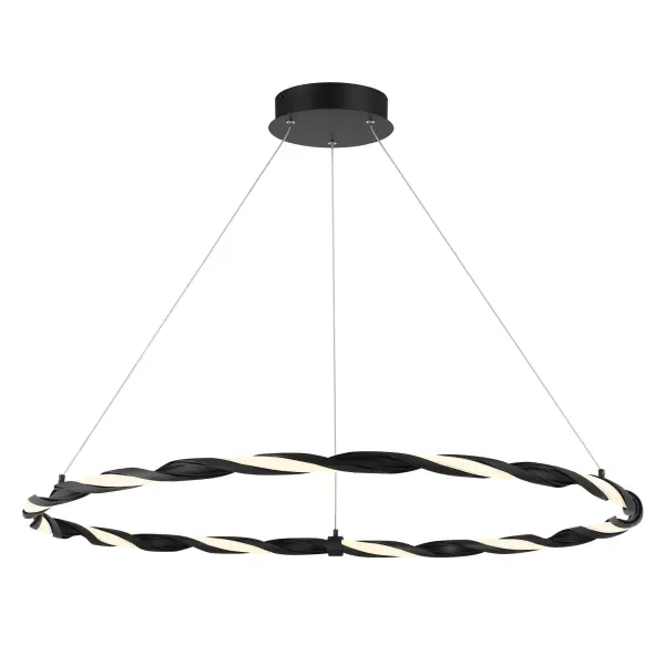 The Convolution pendant delivers modern sophistication with its slim 36-inch profile and coal black finish. High CRI of 94 ensures accurate color representation, while integrated LED technology provides energy-efficient illumination.