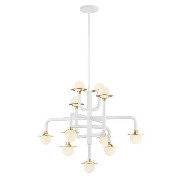 This 11-light chandelier combines clean modern lines with warm honey gold accents, creating a sophisticated focal point. The tubular glass shades and matte white finish offer contemporary elegance suitable for various interior styles.