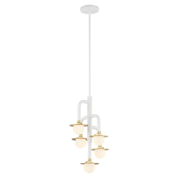 The Tubular chandelier combines contemporary tubular glass shades with a sophisticated matte white and honey gold finish. Its compact 12-inch width makes it perfect for smaller spaces while delivering stylish illumination through five G9 bulbs.