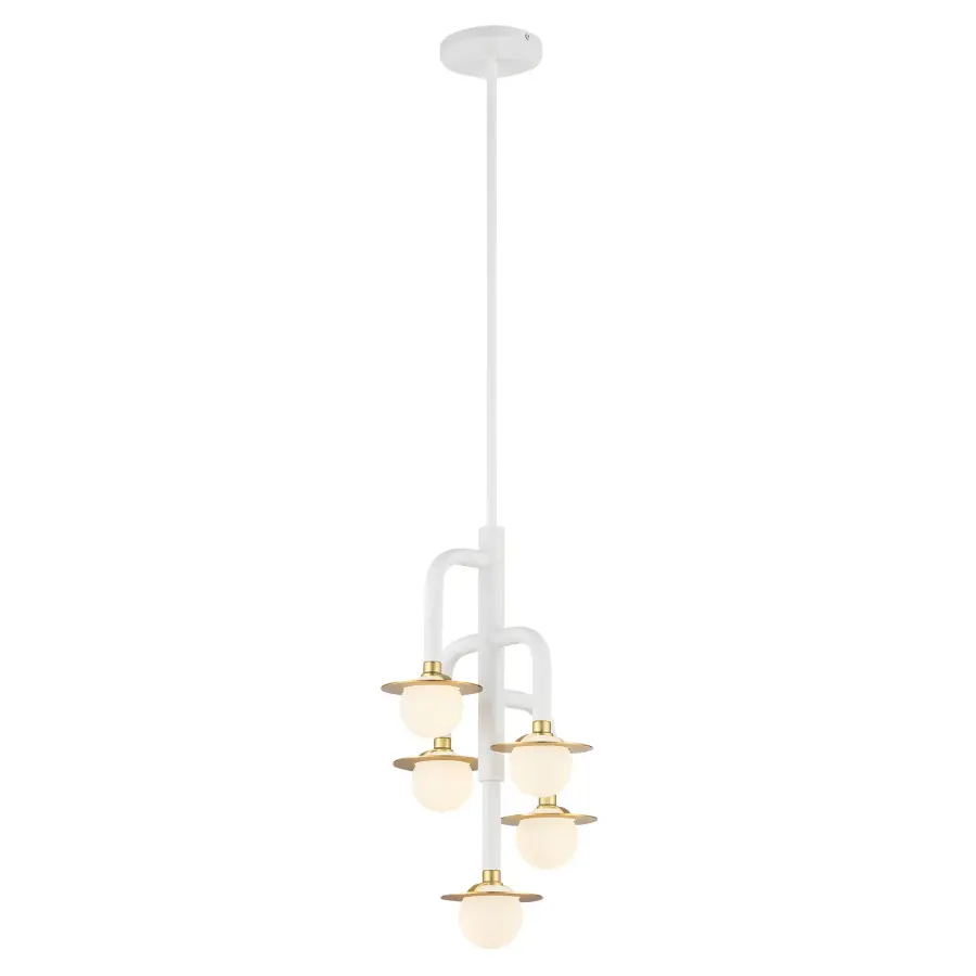 Tubular 5-Light Chandelier in Matte White with Honey Gold - Image 1