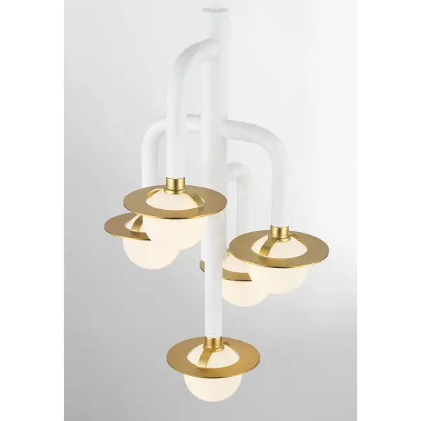 The Tubular chandelier combines contemporary tubular glass shades with a sophisticated matte white and honey gold finish. Its compact 12-inch width makes it perfect for smaller spaces while delivering stylish illumination through five G9 bulbs. - alternate view