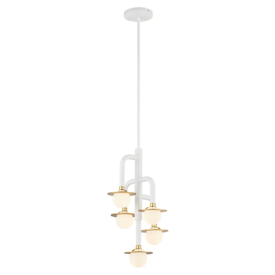 Tubular 5-Light Chandelier in Matte White with Honey Gold - Image 3
