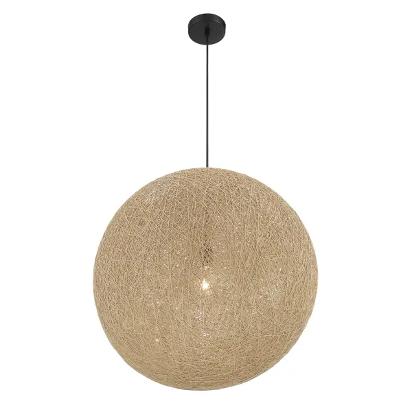 The Entwined pendant brings natural warmth through handwoven papyrus paired with a sophisticated coal black finish. Its 24" diameter creates substantial presence while the organic material softens light beautifully for intimate dining or relaxed living spaces.