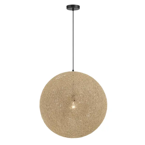 The Entwined pendant brings natural warmth through handwoven papyrus paired with a sophisticated coal black finish. Its 24" diameter creates substantial presence while the organic material softens light beautifully for intimate dining or relaxed living spaces. - alternate view