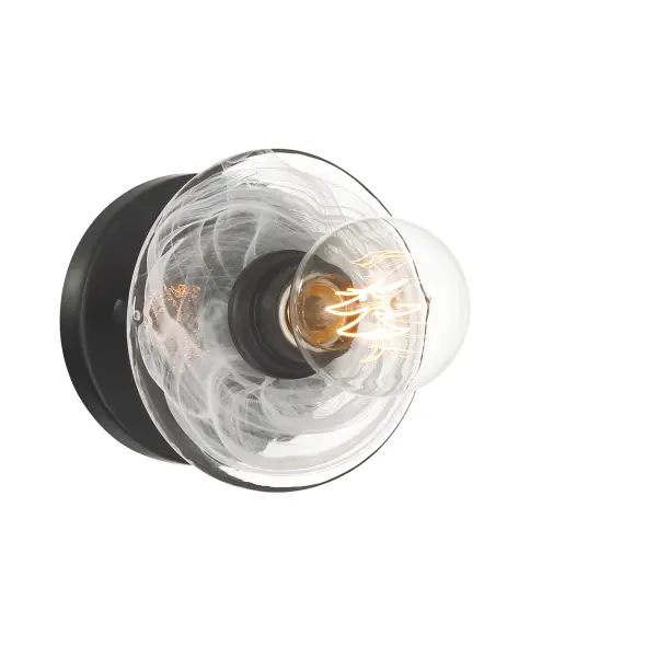The Vapors bath light combines sleek Coal Black steel with beautiful marble-swirled alabaster glass for a sophisticated modern look. Compact at 6.25 inches, it's perfect for powder rooms and smaller bathrooms.