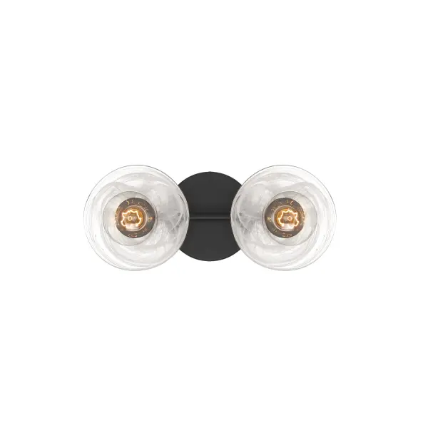 The Vapors 2-Light Bath fixture combines contemporary coal black steel with sophisticated marble swirl alabaster glass. Its compact 14.75-inch width makes it ideal for smaller vanities while delivering ample illumination. - alternate view