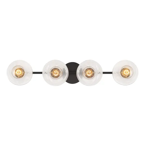 The Vapors 4-Light Bath fixture combines sleek coal black steel with beautiful alabaster glass shades, creating a sophisticated modern aesthetic perfect for contemporary bathrooms. Its 31.75-inch width provides excellent illumination. - alternate view