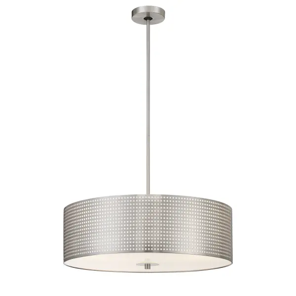 The Grid pendant combines perforated steel with brushed nickel for an industrial-chic aesthetic that works in both traditional and contemporary spaces. Four-light configuration provides ample illumination for dining and task areas.