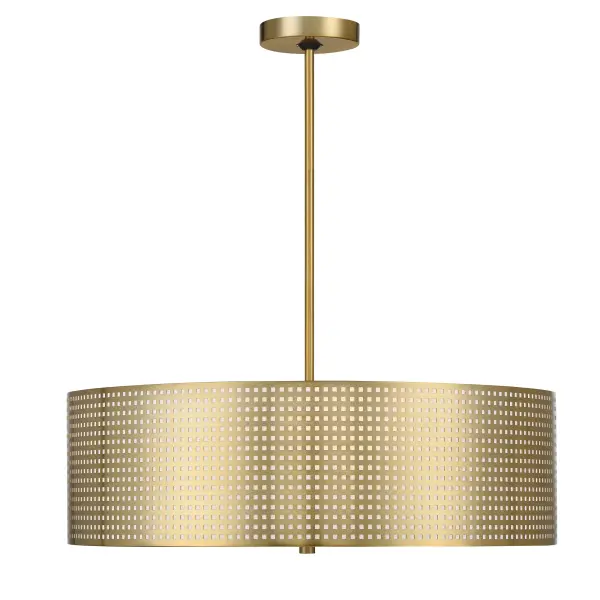 The Grid 4-Light Pendant combines clean geometric lines with warm soft brass finish and frosted glass shades. Its 24-inch linear design makes it perfect for kitchen islands and dining tables, providing even illumination with a contemporary aesthetic. - alternate view