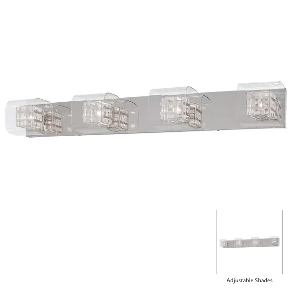 The Jewel Box 4-Light Bath combines sleek chrome finish with industrial-inspired aluminum cage shades and clear glass. At 36.75 inches wide, it provides excellent illumination for medium to large vanities with a contemporary edge.