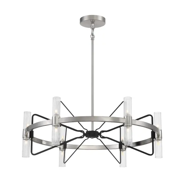 The Mass Transit pendant combines contemporary clean lines with industrial texture through its brushed nickel and sand coal finish. At 30 inches wide, it makes a commanding statement over dining tables and kitchen islands while the ribbed glass adds visual interest and glare control. - alternate view