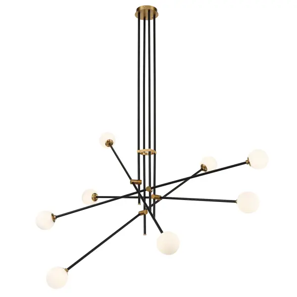 The Cosmet 8-Light Pendant makes a bold statement with its 50-inch linear design, combining coal black and aged brass finishes. Eight etched opal glass shades provide ample illumination while the mixed metal aesthetic adds visual interest to contemporary spaces.
