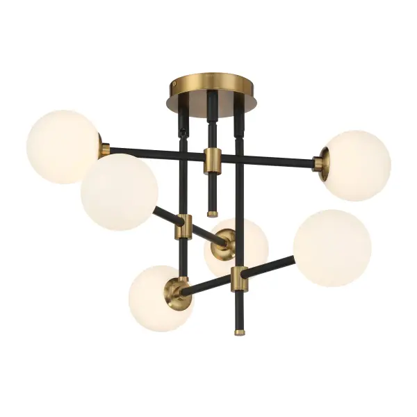 The Cosmet flush mount combines coal black and aged brass finishes for a striking modern aesthetic. Six G9 bulbs provide ample illumination through etched opal glass, creating soft, even light perfect for low-ceiling spaces.