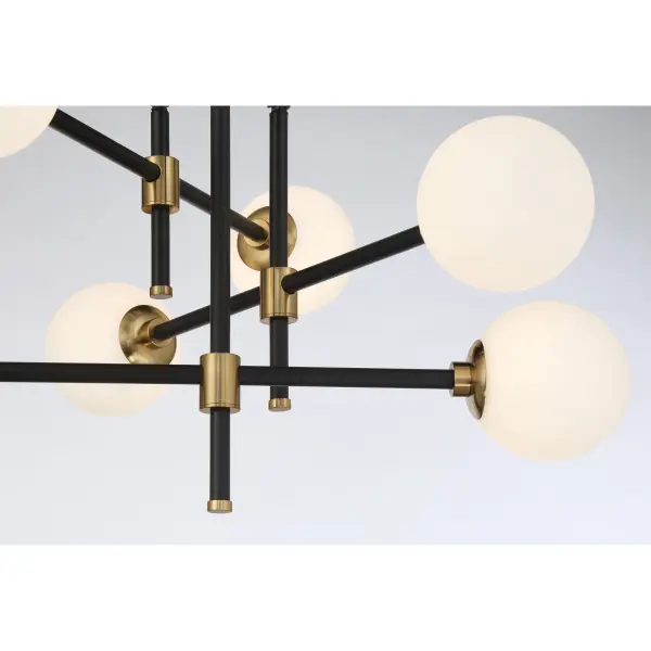 The Cosmet flush mount combines coal black and aged brass finishes for a striking modern aesthetic. Six G9 bulbs provide ample illumination through etched opal glass, creating soft, even light perfect for low-ceiling spaces. - alternate view