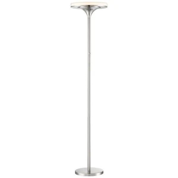 The U.H.O. LED Torchiere combines modern efficiency with transitional styling. Its 40W integrated LED produces 2,696 lumens of high-CRI light through a white acrylic diffuser, creating soft ambient illumination perfect for living spaces.