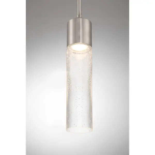 The Light Rain mini pendant combines brushed nickel hardware with clear seeded glass for a refined, contemporary look. Its compact 4.88-inch width makes it ideal for tight spaces, while the textured glass adds visual interest and soft light diffusion. - alternate view